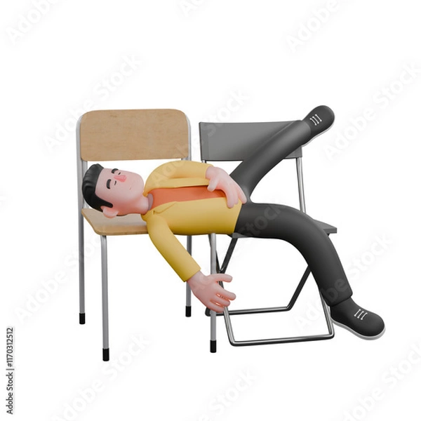 Fototapeta Full Designer Workflow Characters 3D Model. A male designer set sleeping on a chair with his right leg raised up and his left hand in front of his stomach, expression of deep sleep. Cartoon Style