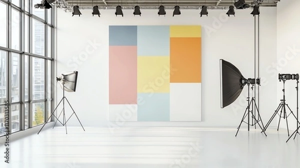 Fototapeta Modern photo studio with colorful background, soft lighting and professional equipment setup.