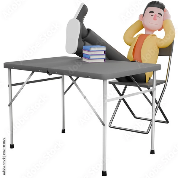 Fototapeta Designer Skills Set Characters 3D Model. A male designer set sitting with his feet on the table and both hands behind his head while his eyes are closed. Cartoon Style