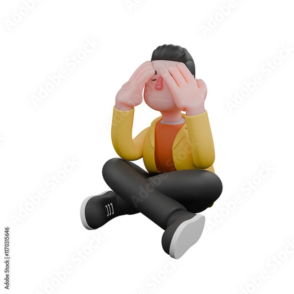 Fototapeta Designer Roles in Art Set 3D Model. A male designer set sits cross-legged with both hands holding his head while his eyes are closed, a dizzy expression. Cartoon Style