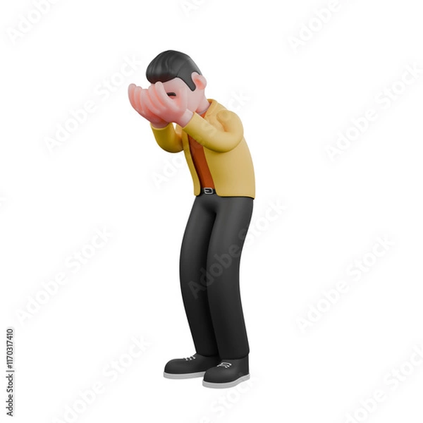 Fototapeta Full Designer Workflow Characters 3D Model. A male designer set stands with his body slightly bent and both hands covering his face. Cartoon Style