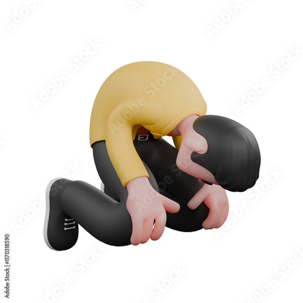 Fototapeta Designer Skills Set Characters 3D Model. A male designer set kneels on the floor with his head on his knees, and his hands hug his knees, an expression full of sadness. Cartoon Style
