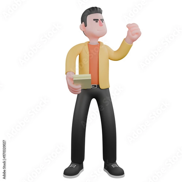 Fototapeta Designer Roles in Art Set 3D Model. A male designer set stands holding several sheets of paper in his right hand, and his right hand is clenched, a superhero expression. Cartoon Style