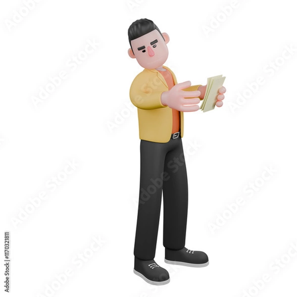 Fototapeta Full Designer Workflow Characters 3D Model. A male designer set stands looking to the right, and holding several sheets of paper in his left hand. Cartoon Style