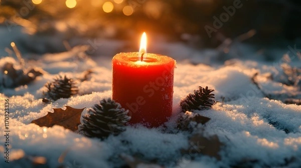 Fototapeta A Lit Candle Amidst Winter Snow And Pine Cones