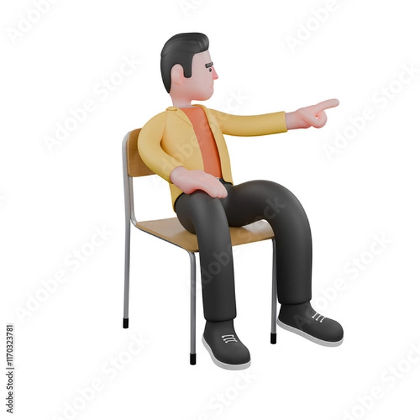 Fototapeta Designer Skills Set Characters 3D Model. A male designer sits with his left hand pointing to the side while looking at it. Cartoon Style