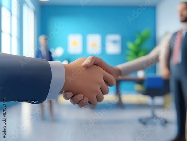 Fototapeta Colleagues sealing the deal, handshake in sophisticated office, 3D illustration