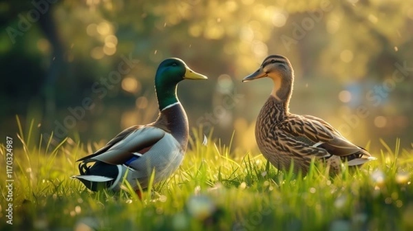 Fototapeta A couple of ducks waddling together on a grassy field, their feathers catching the light.