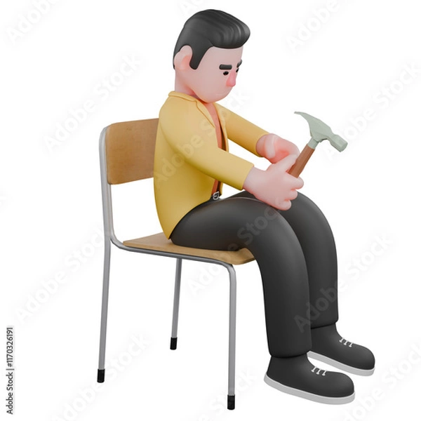 Fototapeta Designer Roles in Art Set 3D Model. A male designer sits holding a hammer in his right hand while looking at it. Cartoon Style