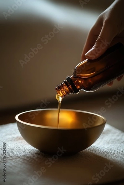 Obraz Hand Pouring Essential Oil into a Bowl for Aromatherapy Session
