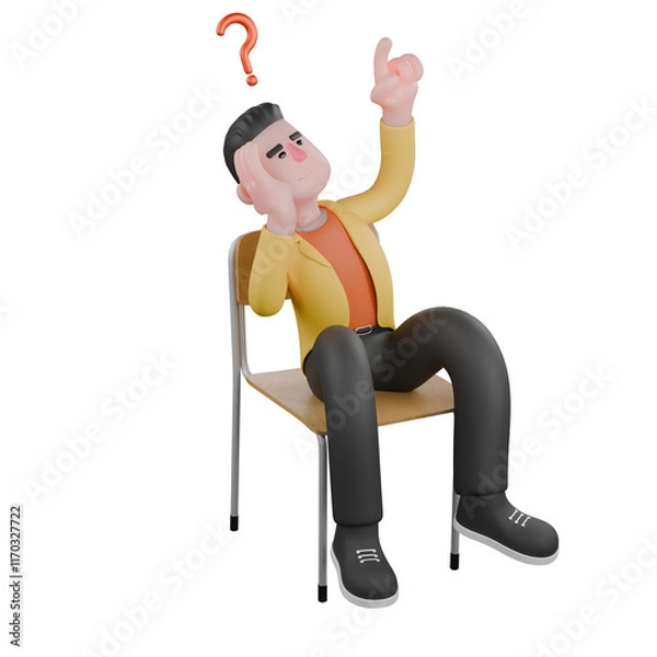 Fototapeta Full Designer Workflow Characters 3D Model. A male designer sits with his right hand holding his cheek, and his left hand pointing up, an expression of not knowing. Cartoon Style