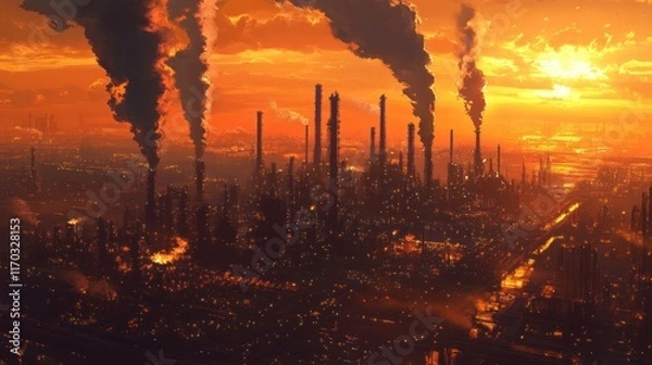 Fototapeta A sprawling oil refinery complex at sunset, with intricate pipelines and towering chimneys emitting smoke, surrounded by industrial infrastructure and a vibrant orange sky