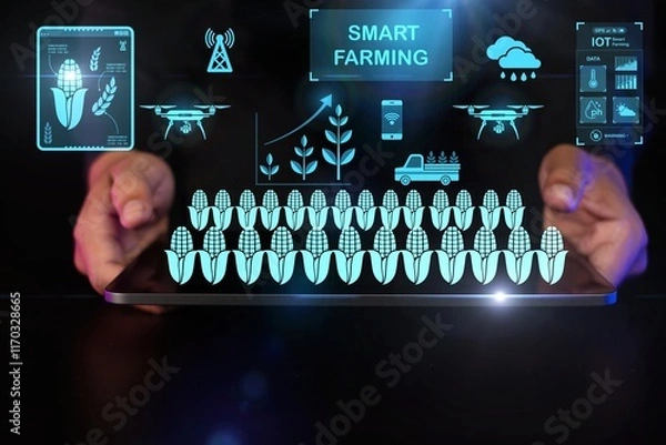Fototapeta Professional holding a tablet with smart farming AI icons: agricultural technology and IoT AI solutions for precision agriculture, sustainable practices, and AI high-tech farm management.