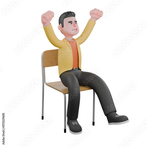 Fototapeta Designer Skills Set Characters 3D Model. A male designer sits with both hands raised while clenching. Cartoon Style