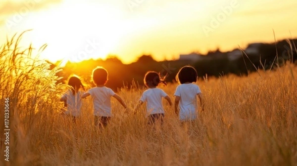 Fototapeta Group of children running through golden field at sunset holding hands. Back view outdoor photography of childhood and freedom.