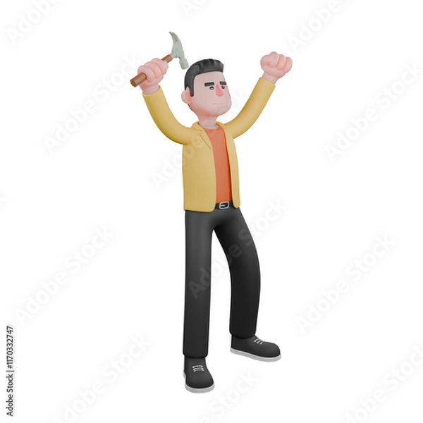 Fototapeta Full Designer Workflow Characters 3D Model. A male designer set stands with both hands raised while clenched and one of them carries a hammer in his right hand. Cartoon Style