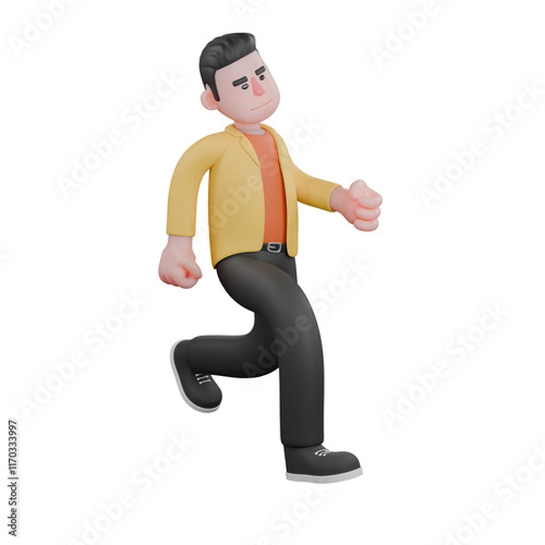 Fototapeta Designer Skills Set Characters 3D Model. A male designer set walks with both hands clenched, expression of walking casually. Cartoon Style