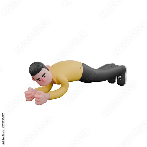 Fototapeta Designer Roles in Art Set 3D Model. A male designer set sits on a yoga mat, doing a plank pose with an expression of concentration. Cartoon Style