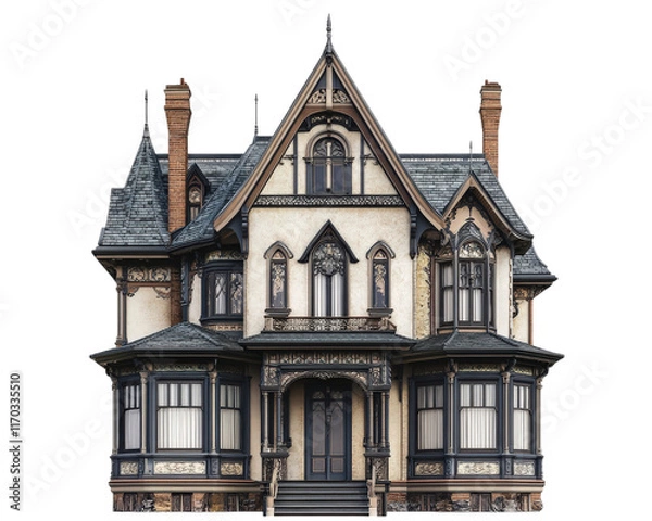 Fototapeta Victorian mansion with intricate gables and ornate details, showcasing stunning architecture and craftsmanship. This elegant structure features unique design and historical charm