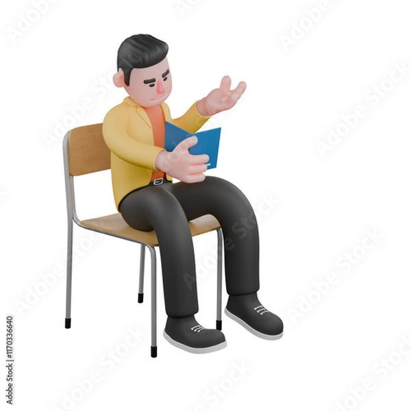Fototapeta Full Designer Workflow Characters 3D Model. A male designer set sits holding a book in his right hand while looking at it, and his left hand is open, expression of telling a story. Cartoon Style