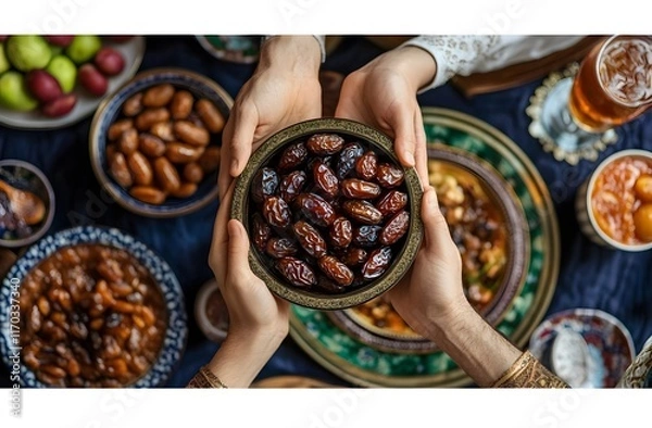 Obraz Hands offering a bowl of dates a traditional food