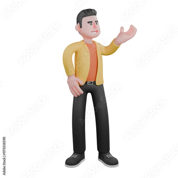 Fototapeta Designer Skills Set Characters 3D Model. A male designer set stands with his left hand open, expression of talking. Cartoon Style