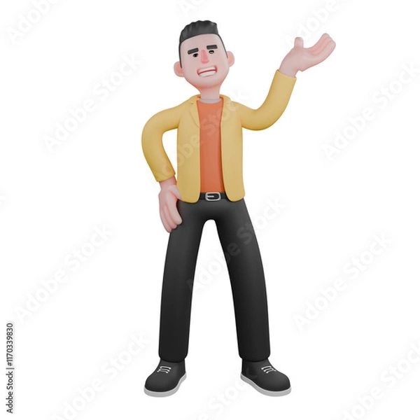 Fototapeta Designer Roles in Art Set 3D Model. A male set designer stands with his arms open and facing upwards, with a laughing expression. Cartoon Style