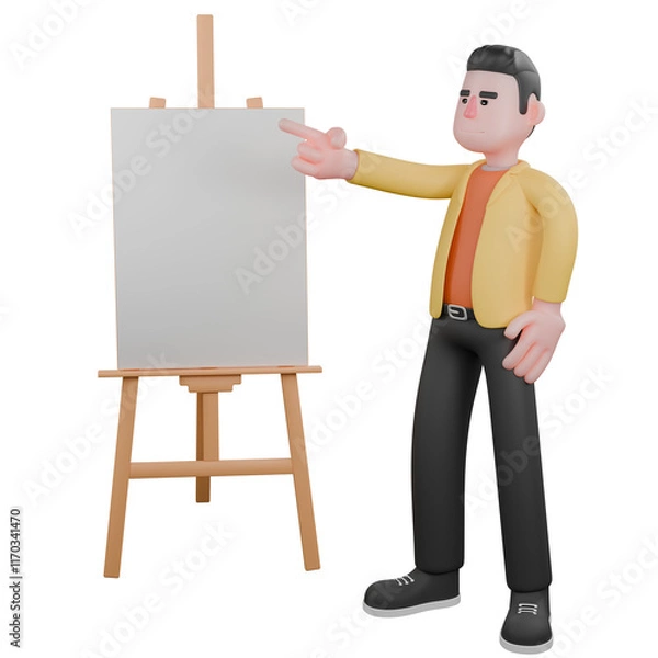 Fototapeta Full Designer Workflow Characters 3D Model. A male set designer stands with his right hand pointing at the painting in front of him. Cartoon Style