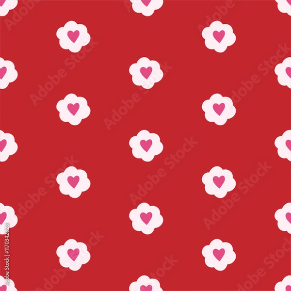Obraz Seamless pattern of love doodle flowers and hearts on isolated background. Hand drawn design for Valentine’s Day, Mother’s day and wedding celebration, greeting cards, invitations, textile, home decor