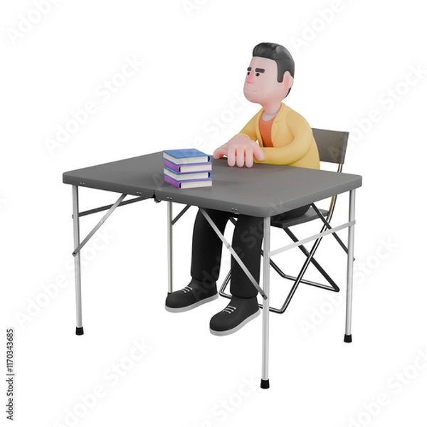 Fototapeta Designer Skills Set Characters 3D Model. A male set designer sits with his hands resting on a table, with an expression of listening to people talking. Cartoon Style