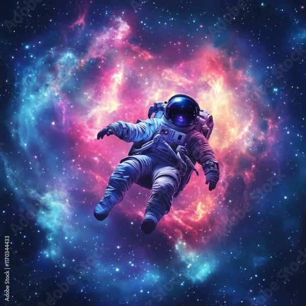 Fototapeta Astronaut floats in vibrant nebula.
