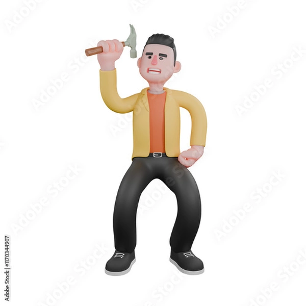 Fototapeta Designer Roles in Art Set 3D Model. A male set designer stands with his knees bent and holds a hammer in his right hand. Cartoon Style
