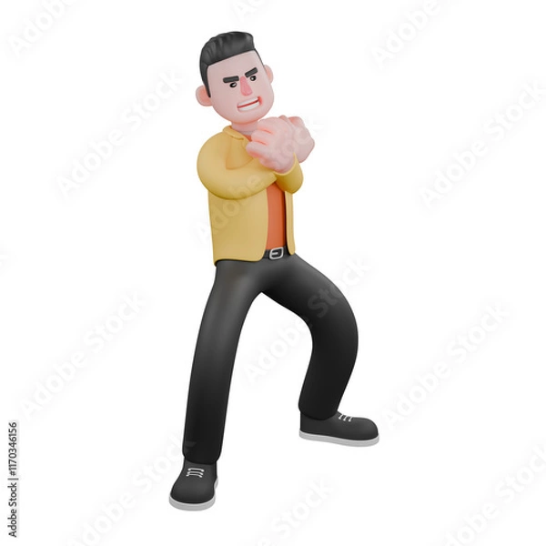 Fototapeta Full Designer Workflow Characters 3D Model. A male set designer stands with his knees bent and his hands in front of his chest, his expression has power. Cartoon Style