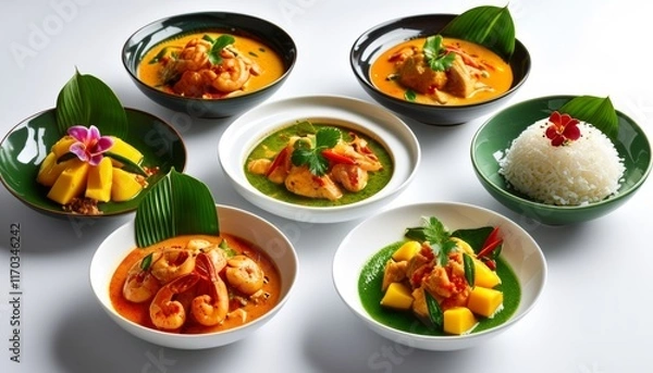 Obraz Four Exquisite Thai Dishes Featuring Shrimp and Coconut Milk with Rice and Mango Delight