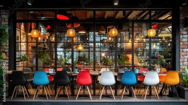 Fototapeta Colorful chairs outside a restaurant with a large window showing the interior.