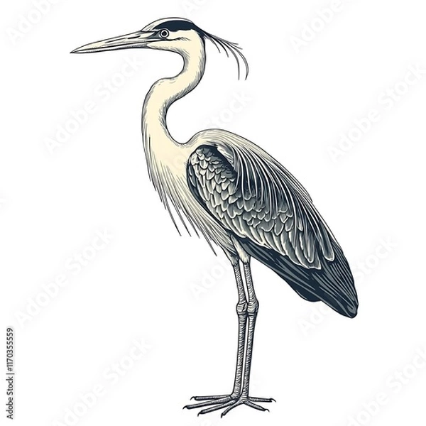 Obraz Elegant heron drawing on white background, side view, detailed feathers.