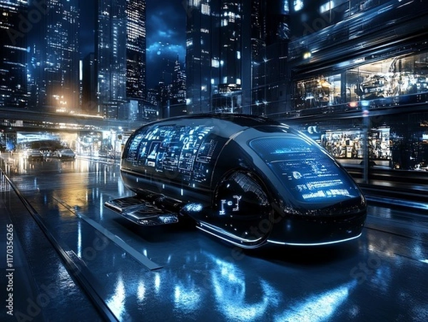 Fototapeta Futuristic Cityscape: Sleek Autonomous Vehicle at Night