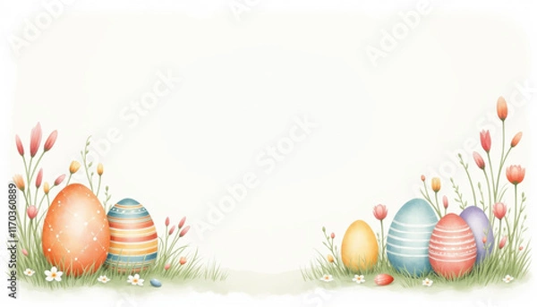 Fototapeta Easter watercolor postcard illustration with large colorful eggs and soft patterns  