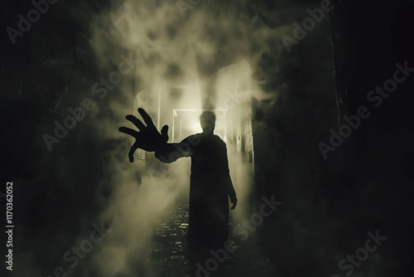 Fototapeta A dark figure approaches from behind, hand outstretched, using CG 3D rendering to enhance the eerie atmosphere