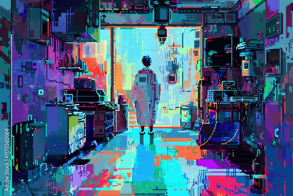 Fototapeta Craft a pixel art representation of a neurosurgeon in a utopian dystopia from a tilted angle Combine vibrant colors with glitch art elements to depict a futuristic yet distorted setting