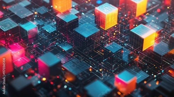 Fototapeta Futuristic Digital Cityscape with Glowing Cubes and Interconnected Lines