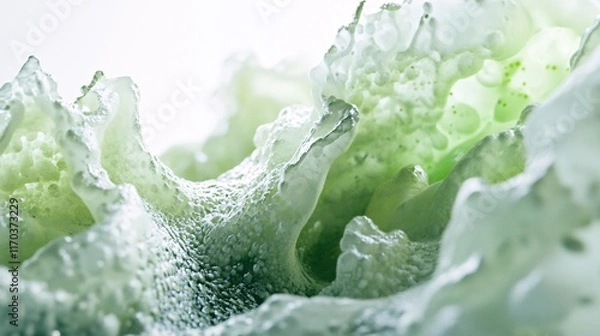 Fototapeta Close-up of textured green liquid with bubbles, resembling organic forms, creating a serene and abstract mood.