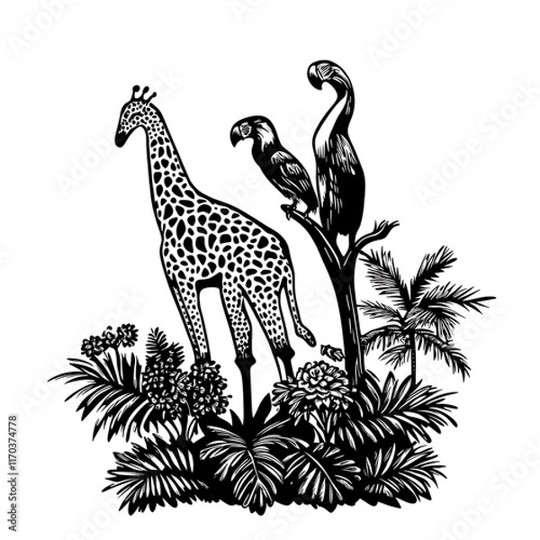 Obraz A stylized illustration featuring a giraffe and two parrots among foliage.