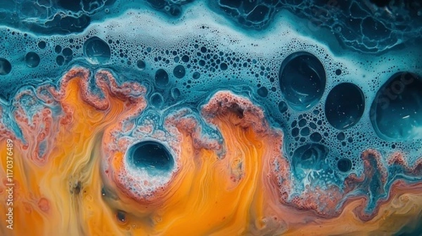 Fototapeta Abstract Fluid Art:  A mesmerizing blend of teal and orange hues, creating a surreal underwater landscape of bubbles and swirling colors.