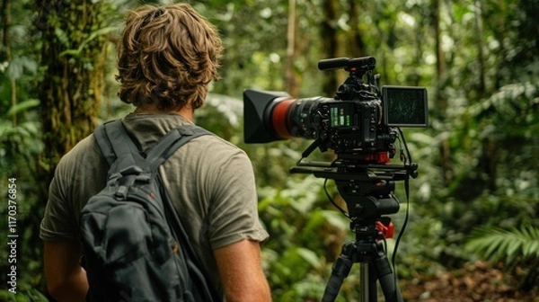 Obraz Filmmaker in Lush Rainforest Filming Wildlife Documentary