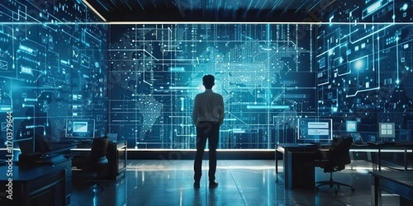 Fototapeta A person stands in front of a digital world map, surrounded by technology and data displays.