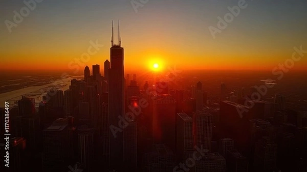 Obraz Chicago Skyline Sunset: Aerial View of Cityscape at Golden Hour