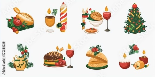 Fototapeta Vector icons representing New Year foods, decorations, and traditions.