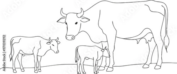 Obraz Cows on pasture in One continuous line drawing. Milk calf animal grazing symbol and beef meat farm concept in simple linear style