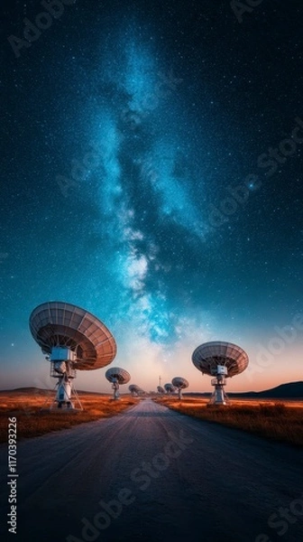 Fototapeta Exploring the universe's secrets as telescopes reach for the starlit sky at a remote observatory under a vibrant milky way. Generative AI